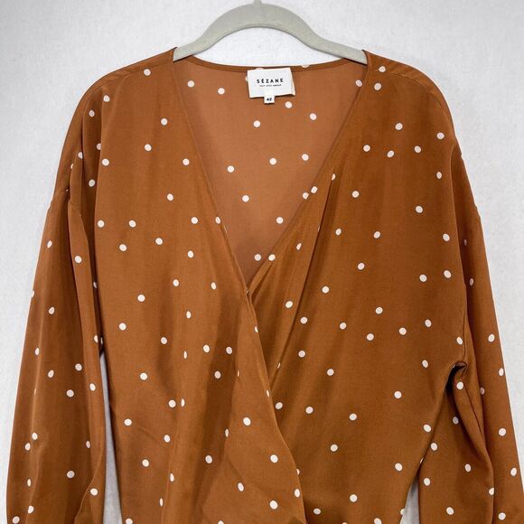 Sezane Blouse Women 42/US 10 Anya Orchard 100% Silk Polka Dot Wrap Tie Romantic - Picture 6 of 13